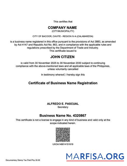 Downloadable Philippines certificate of business name registration Word and PDF template